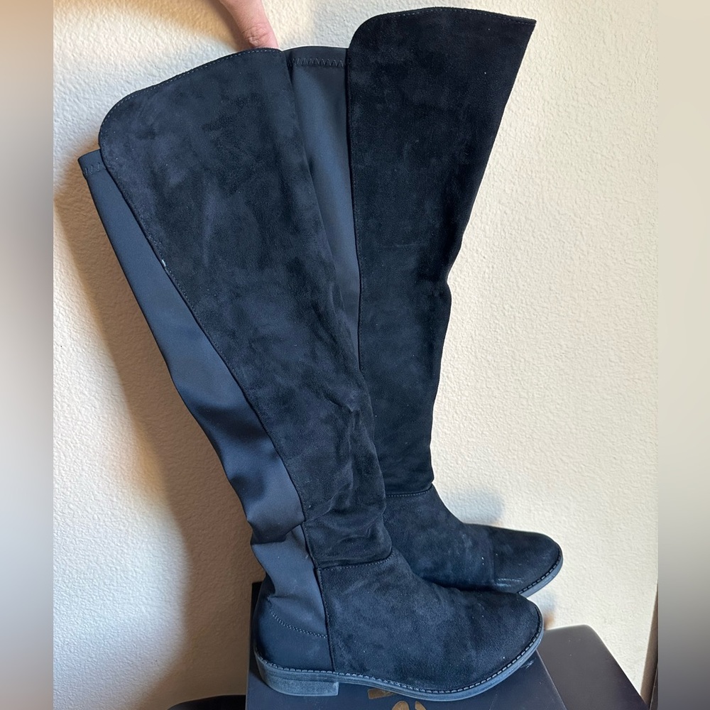 bebe taara mixed black riding boot size 7
